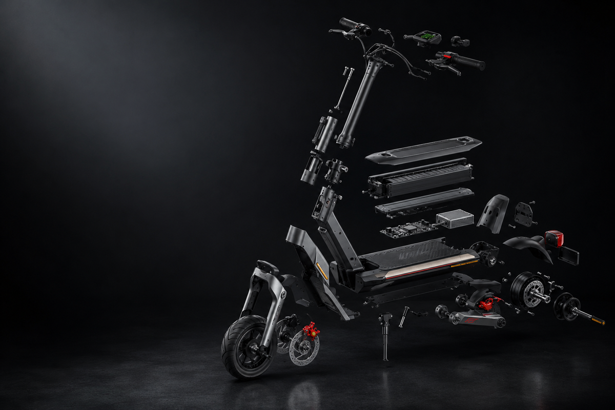 Vue éclatée en 3D d'une trottinette électrique, pièces détachées en suspension sur fond noir